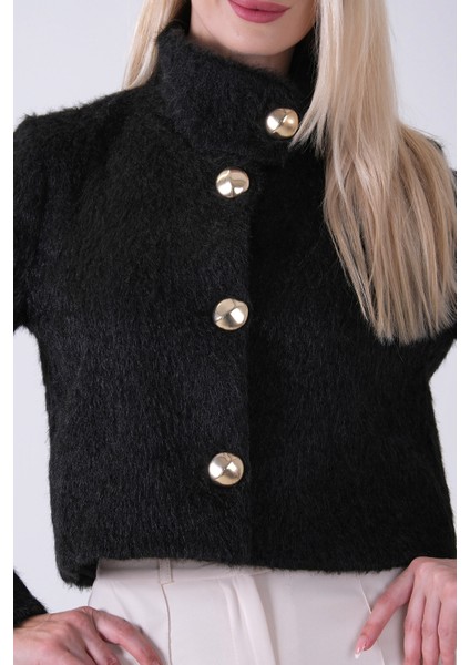 Siyah Yarım Balıkçı Yaka 4 Düğmeli Kaşe Yün Ceket 5307121.01