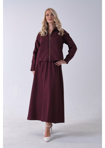 Bordo Fermuar Kapamalı Ceket Üzeri Desenli Etekli Takım 4577259.04