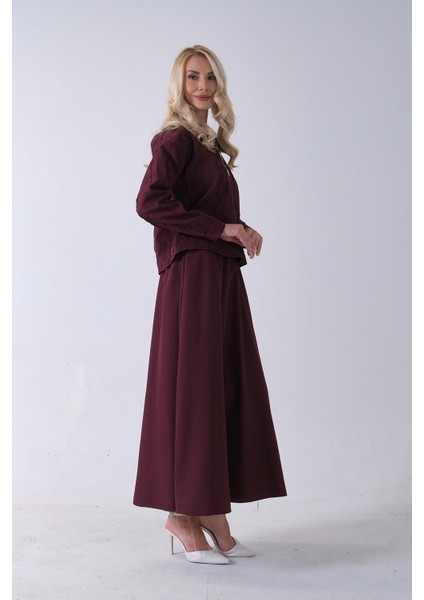 Bordo Fermuar Kapamalı Ceket Üzeri Desenli Etekli Takım 4577259.04 modelleri