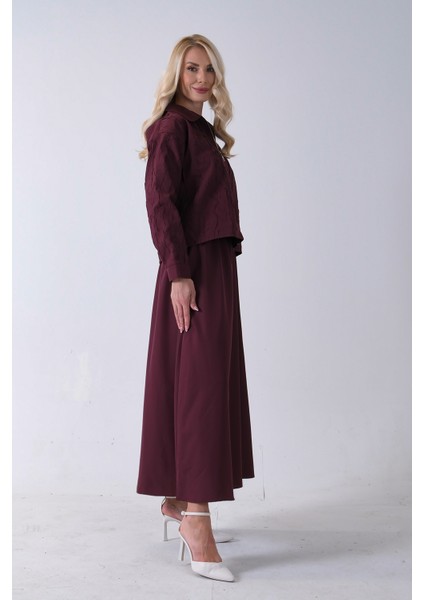 Bordo Fermuar Kapamalı Ceket Üzeri Desenli Etekli Takım 4577259.04 fırsatları