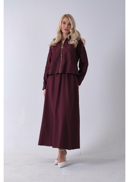 Bordo Fermuar Kapamalı Ceket Üzeri Desenli Etekli Takım 4577259.04