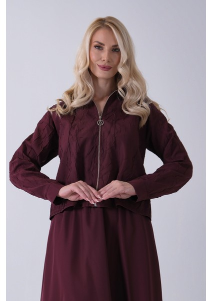 Bordo Fermuar Kapamalı Ceket Üzeri Desenli Etekli Takım 4577259.04