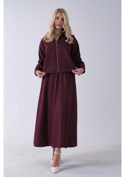 Bordo Fermuar Kapamalı Ceket Üzeri Desenli Etekli Takım 4577259.04