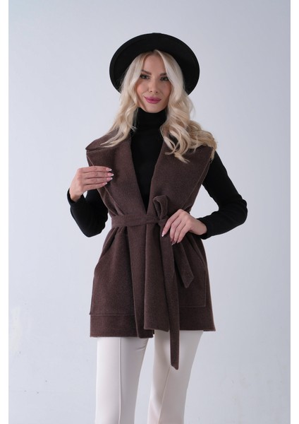 Kahve Yakalı Cepli 2 Düğmeli Kemer Bağlamalı Kaşe Yelek 5307107.05