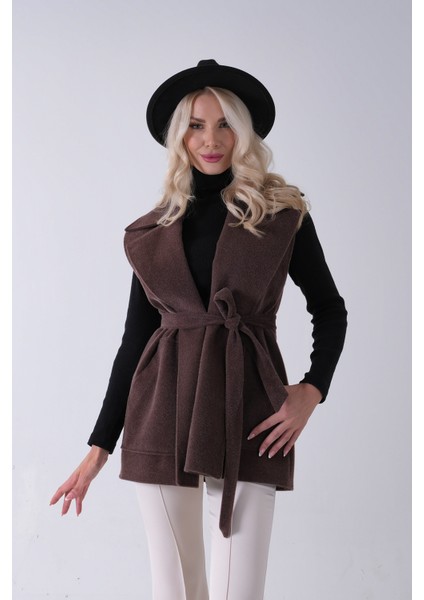 Kahve Yakalı Cepli 2 Düğmeli Kemer Bağlamalı Kaşe Yelek 5307107.05 fırsatları