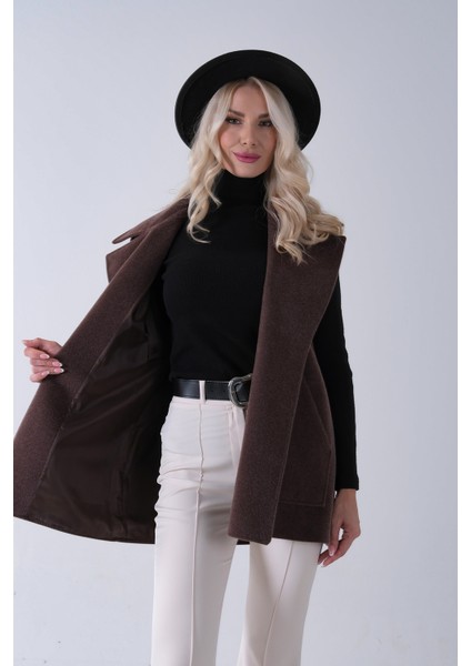 Kahve Yakalı Cepli 2 Düğmeli Kemer Bağlamalı Kaşe Yelek 5307107.05