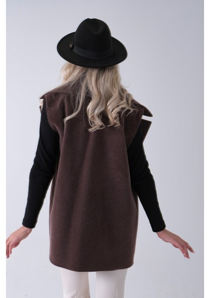 Kahve Yakalı Cepli 2 Düğmeli Kemer Bağlamalı Kaşe Yelek 5307107.05