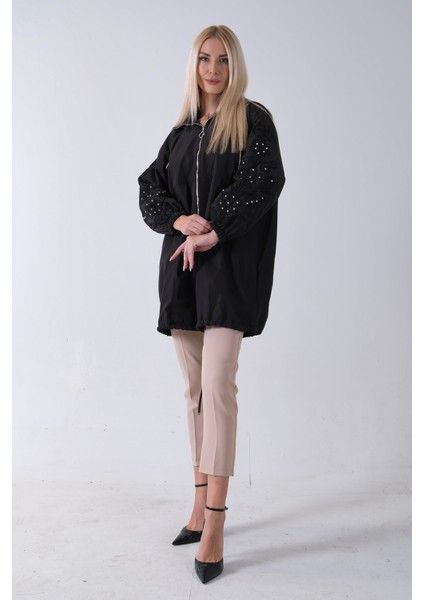 Siyah 2 Cepli Kolları Dantel Taş Işlemeli Trenç 940140168.01