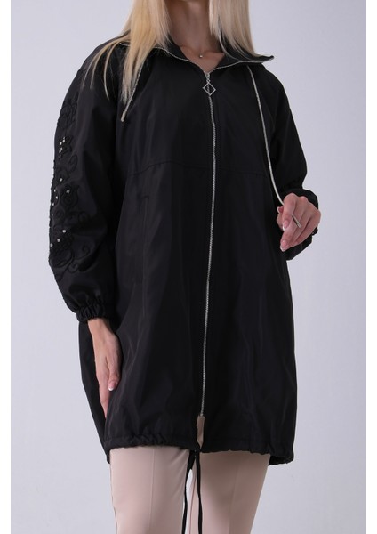 Siyah 2 Cepli Kolları Dantel Taş Işlemeli Trenç 940140168.01