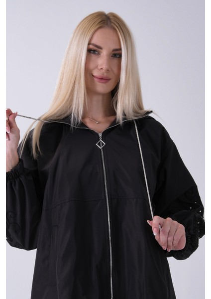 Siyah 2 Cepli Kolları Dantel Taş Işlemeli Trenç 940140168.01