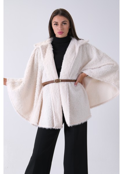 Ekru Tek Düğme Kapamalı Kemerli Yün Peluş Ceket 940140183.147