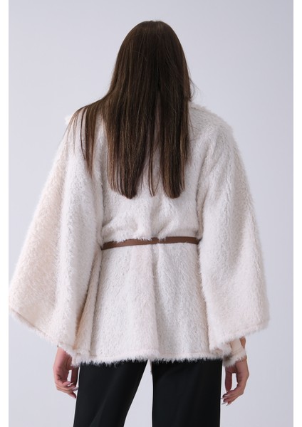 Ekru Tek Düğme Kapamalı Kemerli Yün Peluş Ceket 940140183.147
