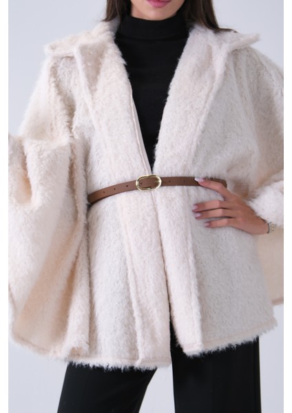 Ekru Tek Düğme Kapamalı Kemerli Yün Peluş Ceket 940140183.147