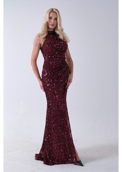 Bordo Bisiklet Yaka Kolsuz Yırtmaç Detaylı Pul Payet Abiye 9705482.04 modelleri