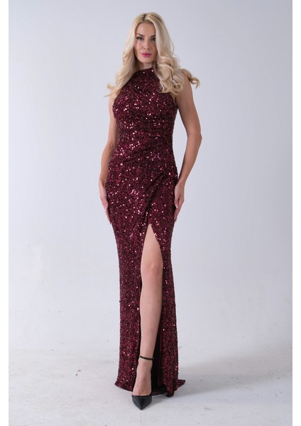 Bordo Bisiklet Yaka Kolsuz Yırtmaç Detaylı Pul Payet Abiye 9705482.04