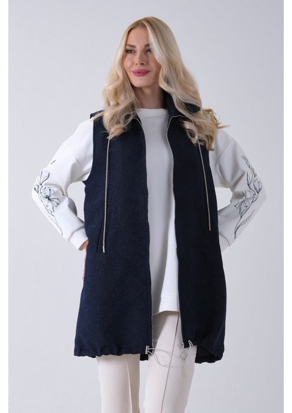 Lacivert Tunik Kolu Çiçek Desenli Yelekli 2'li Takım 940120274.02