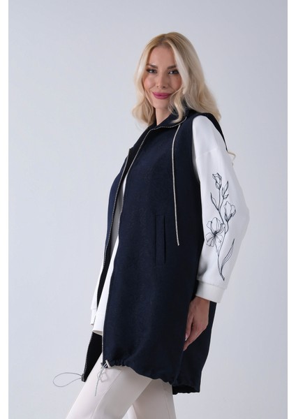 Lacivert Tunik Kolu Çiçek Desenli Yelekli 2'li Takım 940120274.02