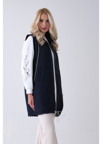 Lacivert Tunik Kolu Çiçek Desenli Yelekli 2'li Takım 940120274.02