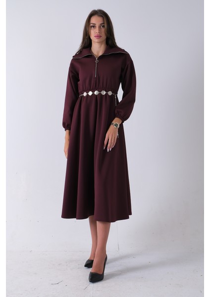 Bordo Yaka Fermuar Detaylı Bel ve Bileği Lastikli Kemerli Scuba Elbise 4593455.04