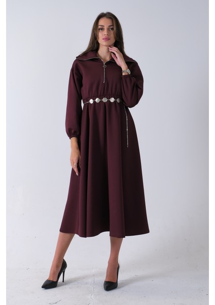 Bordo Yaka Fermuar Detaylı Bel ve Bileği Lastikli Kemerli Scuba Elbise 4593455.04 fiyatları