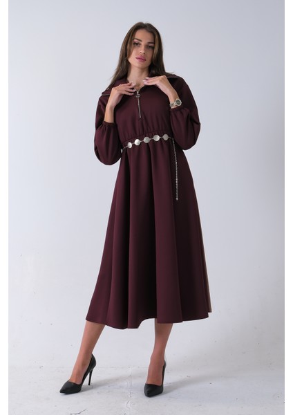 Bordo Yaka Fermuar Detaylı Bel ve Bileği Lastikli Kemerli Scuba Elbise 4593455.04 modelleri