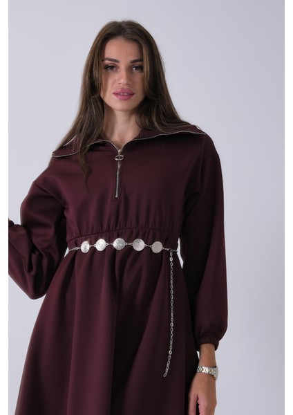 Bordo Yaka Fermuar Detaylı Bel ve Bileği Lastikli Kemerli Scuba Elbise 4593455.04