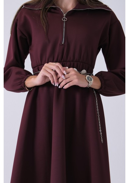 Bordo Yaka Fermuar Detaylı Bel ve Bileği Lastikli Kemerli Scuba Elbise 4593455.04