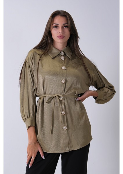 Haki Gömlek Yaka Düğme Kapamalı Bel Bağlamalı Tunik 4595331.23