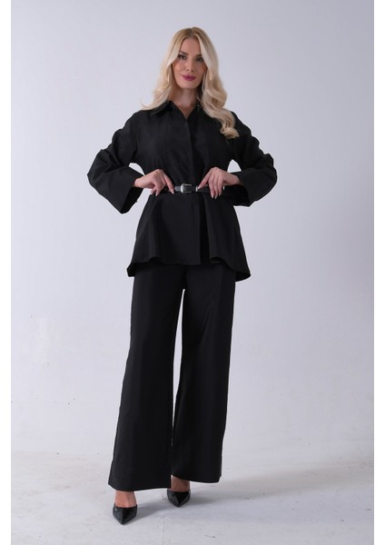 Siyah Bol Paça Pantolon Kemerli Parçalı Tunik Takım 5303167.01