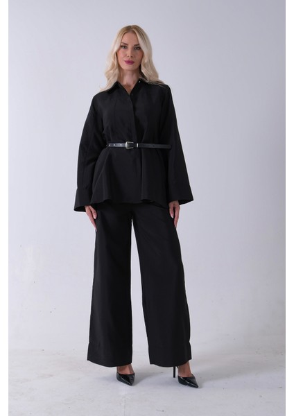 Siyah Bol Paça Pantolon Kemerli Parçalı Tunik Takım 5303167.01