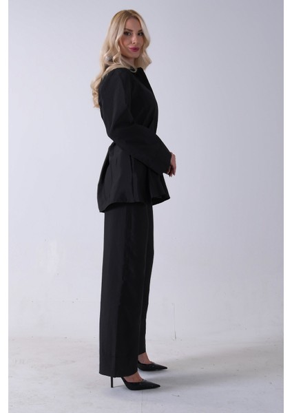 Siyah Bol Paça Pantolon Kemerli Parçalı Tunik Takım 5303167.01
