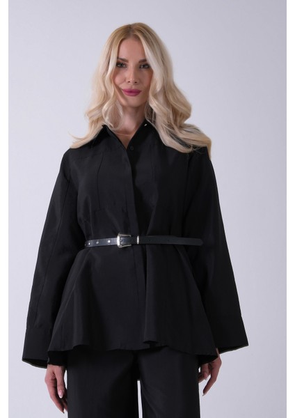 Siyah Bol Paça Pantolon Kemerli Parçalı Tunik Takım 5303167.01
