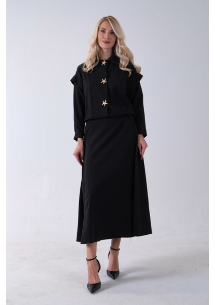 Siyah Beli Lastikli Deniz Yıldızı Çıt Çıt Kapamalı Ceket Detaylı Etekli Takım 4592269.01