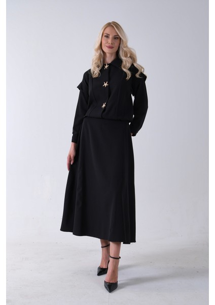 Siyah Beli Lastikli Deniz Yıldızı Çıt Çıt Kapamalı Ceket Detaylı Etekli Takım 4592269.01 modelleri