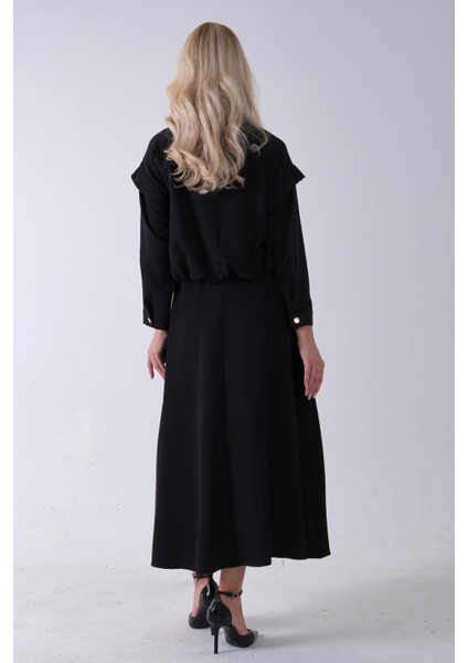 Siyah Beli Lastikli Deniz Yıldızı Çıt Çıt Kapamalı Ceket Detaylı Etekli Takım 4592269.01