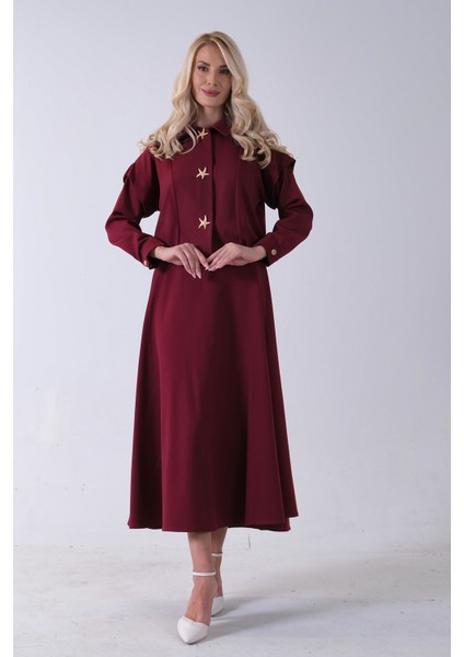 Bordo Beli Lastikli Deniz Yıldızı Çıt Çıt Kapamalı Ceket Detaylı Etekli Takım 4592269.04