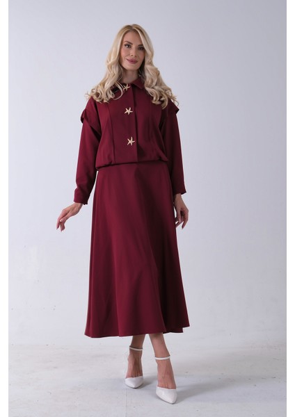 Bordo Beli Lastikli Deniz Yıldızı Çıt Çıt Kapamalı Ceket Detaylı Etekli Takım 4592269.04 fiyatları