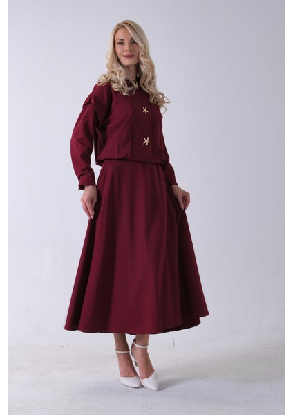 Bordo Beli Lastikli Deniz Yıldızı Çıt Çıt Kapamalı Ceket Detaylı Etekli Takım 4592269.04 modelleri