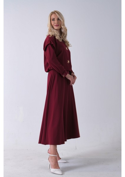 Bordo Beli Lastikli Deniz Yıldızı Çıt Çıt Kapamalı Ceket Detaylı Etekli Takım 4592269.04 fırsatları