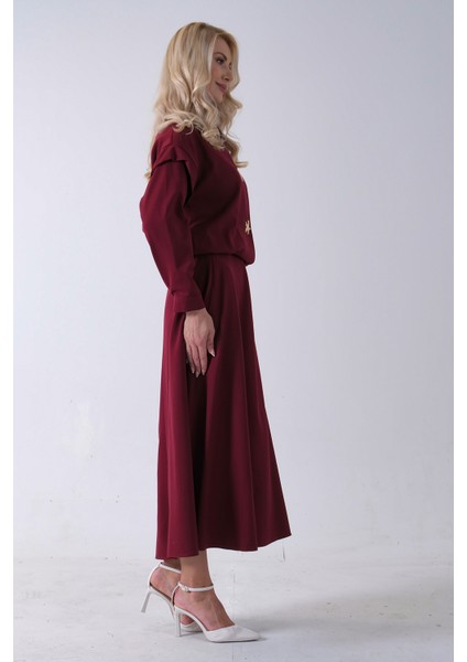 Bordo Beli Lastikli Deniz Yıldızı Çıt Çıt Kapamalı Ceket Detaylı Etekli Takım 4592269.04 indirimleri