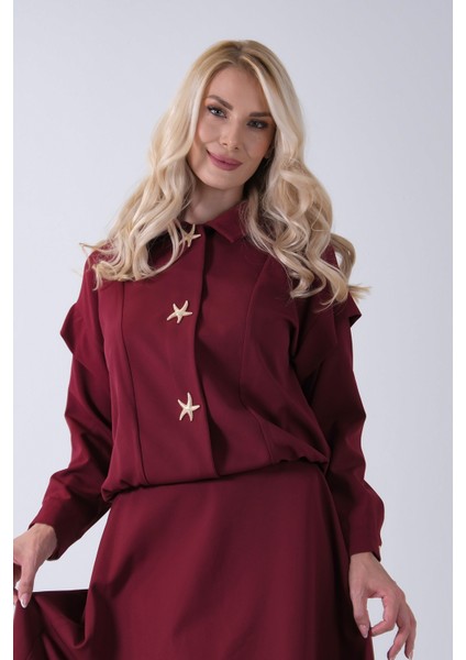 Bordo Beli Lastikli Deniz Yıldızı Çıt Çıt Kapamalı Ceket Detaylı Etekli Takım 4592269.04