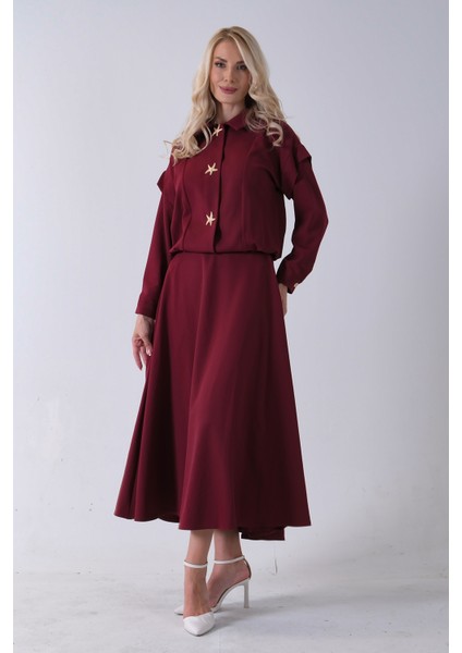 Bordo Beli Lastikli Deniz Yıldızı Çıt Çıt Kapamalı Ceket Detaylı Etekli Takım 4592269.04