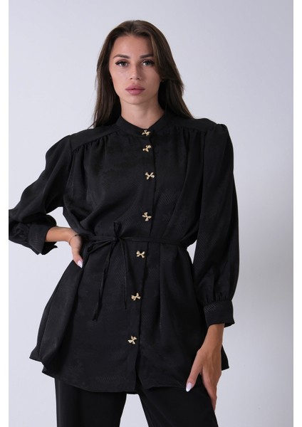 Siyah Hakim Yaka Bel Bağlamalı Desenli Tunik 4595333.01