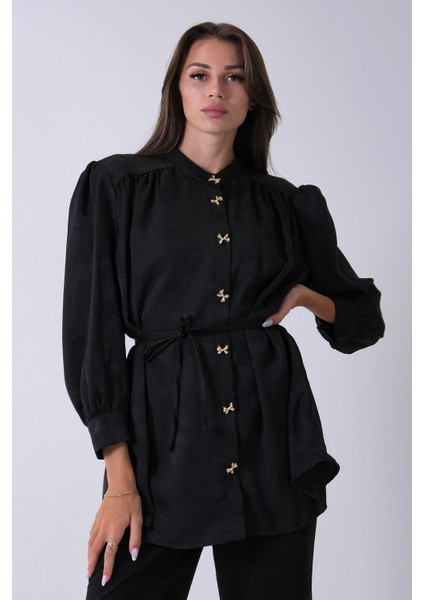 Siyah Hakim Yaka Bel Bağlamalı Desenli Tunik 4595333.01 fiyatları
