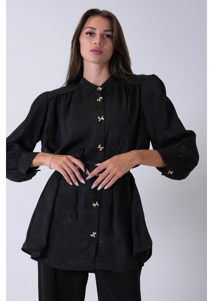 Siyah Hakim Yaka Bel Bağlamalı Desenli Tunik 4595333.01 modelleri