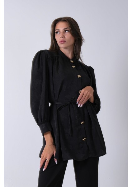 Siyah Hakim Yaka Bel Bağlamalı Desenli Tunik 4595333.01