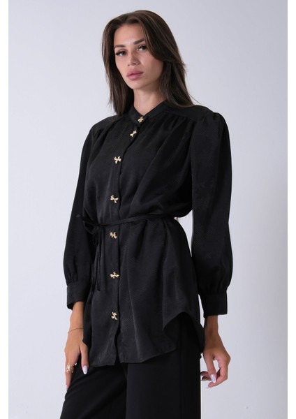 Siyah Hakim Yaka Bel Bağlamalı Desenli Tunik 4595333.01