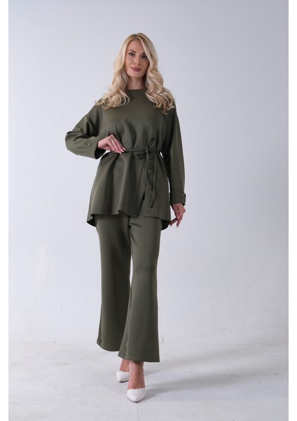 Haki Bisiklet Yaka Önü Düğme Kapama Görünümlü Pantolonlu Scuba Takım 4592265.23