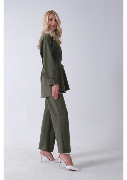 Haki Bisiklet Yaka Önü Düğme Kapama Görünümlü Pantolonlu Scuba Takım 4592265.23 fırsatları