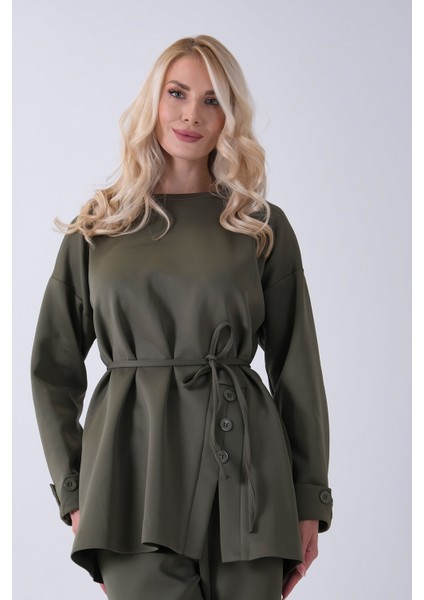 Haki Bisiklet Yaka Önü Düğme Kapama Görünümlü Pantolonlu Scuba Takım 4592265.23